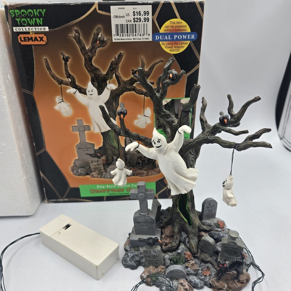 Vtg Lemax Spooky Town Graveyard Ghost Poly Resin Lighted Tree Retired In Box